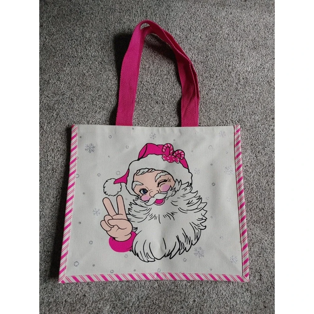 Pink Canvas Tote Gift Bag Winking Retro Santa Christmas Peace Candy Striped